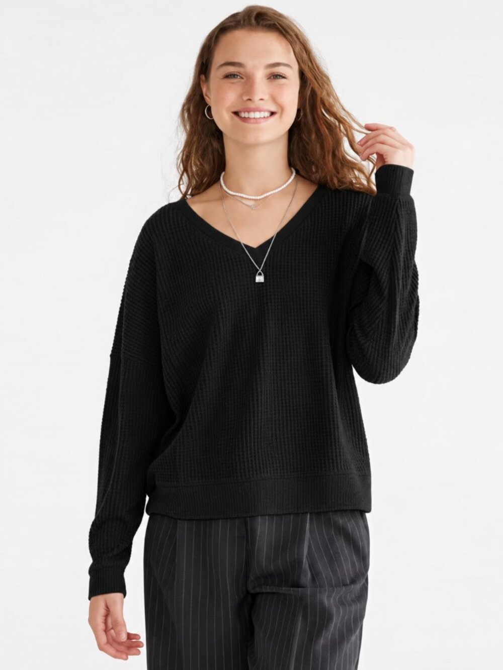 NWT New Aeropostale Black Long Sleeve Wear 2 Ways Cozy Waffle Tee Size XS